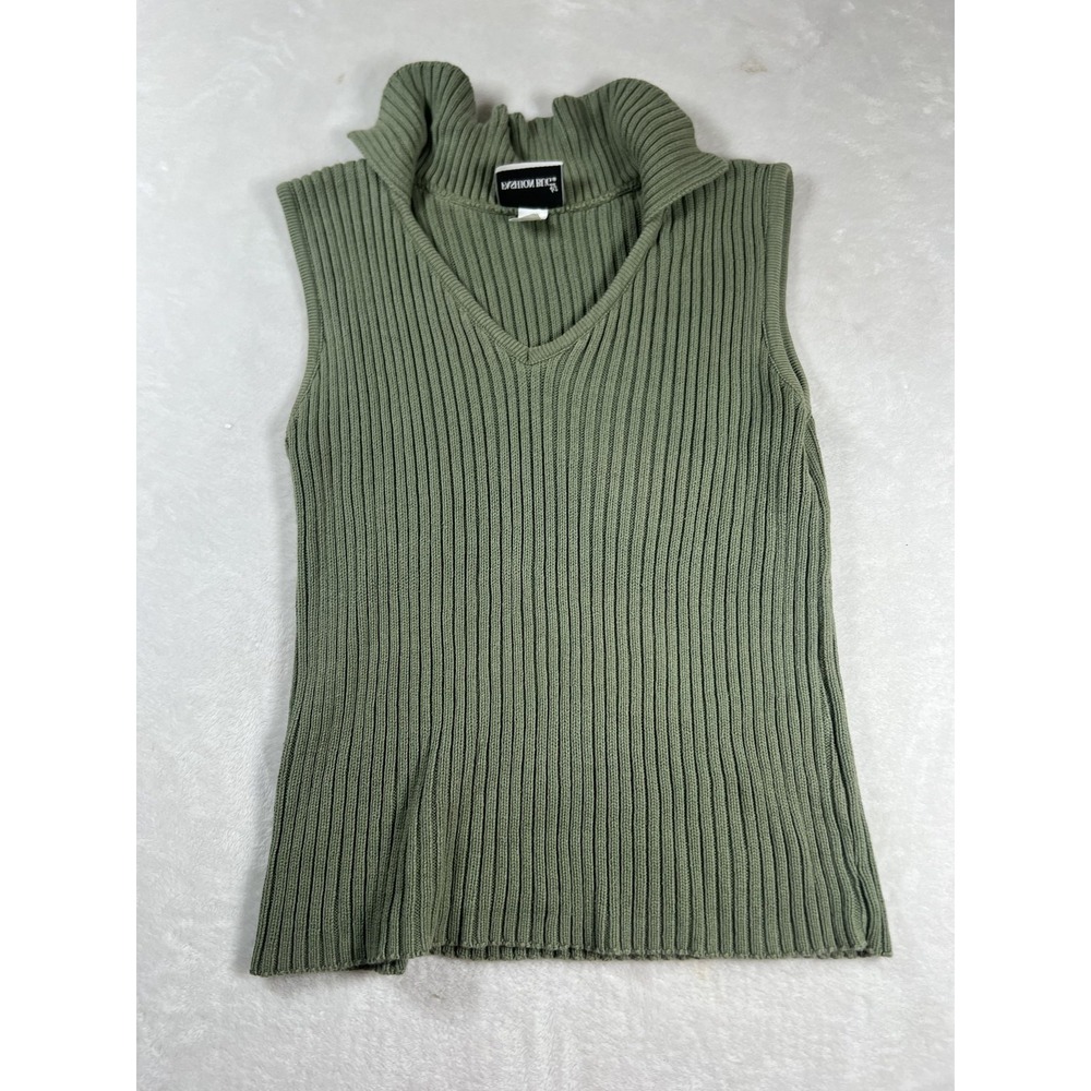Fashion Bug Sweater Womens Medium Green Ribbed‎ Sleeveless Mock Neck 100% Cotton